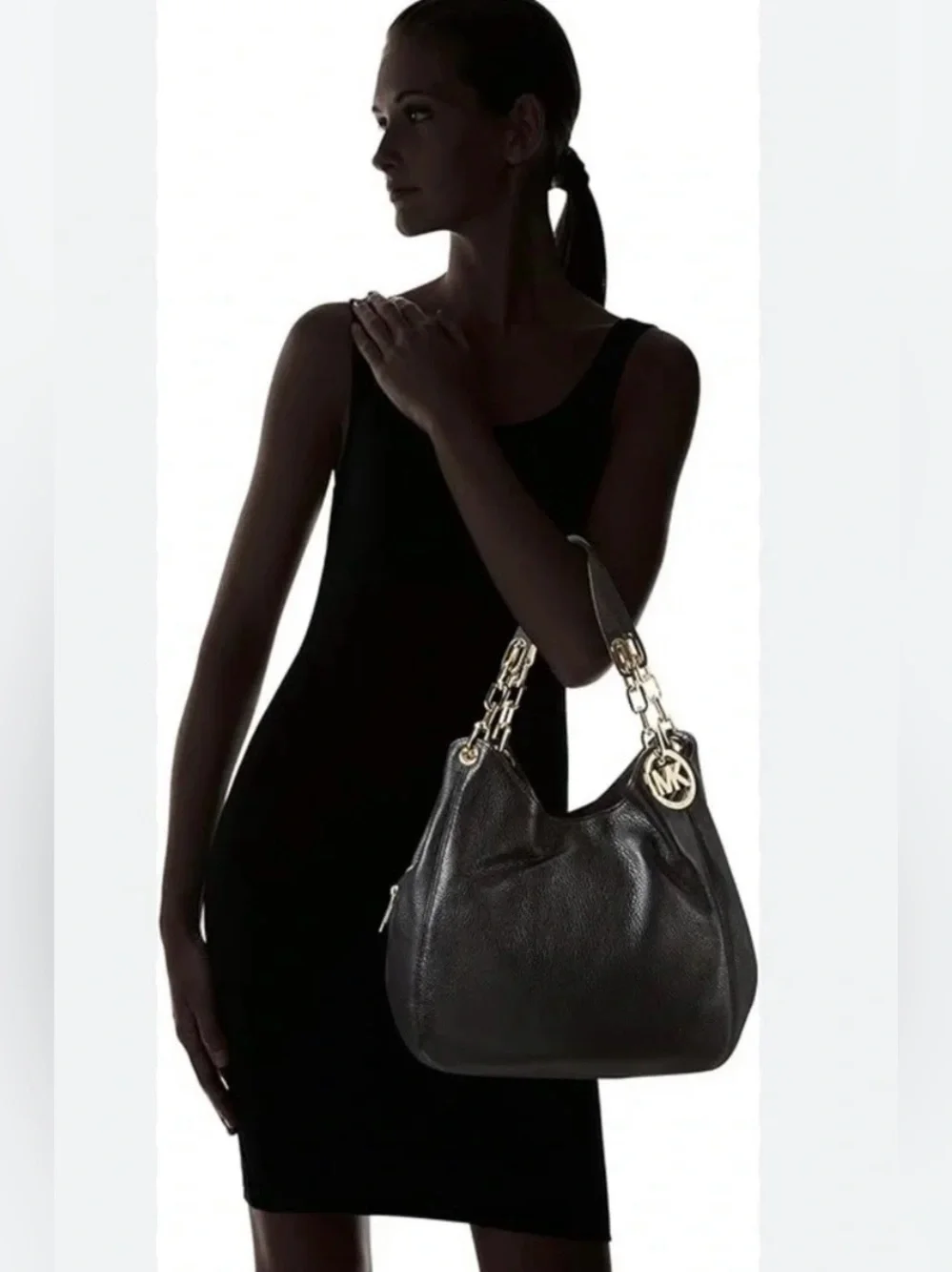 Michael Kors Black Pebbled Leather Fulton Hobo Shoulder Bag with Gold Hardware